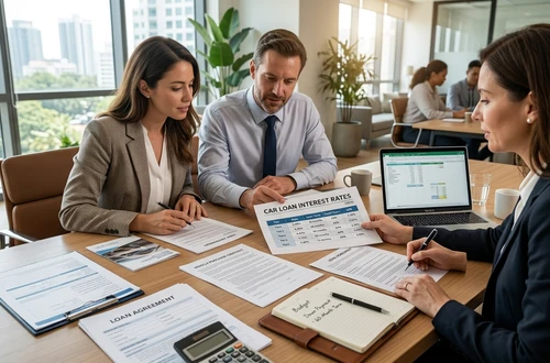 DriveWise lending specialist reviewing a car loan application with a client in a bright modern office
